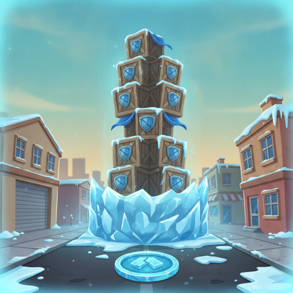 Frozen Floor Tower Rush — étage recouvert de glace bleue gelant les gains accumulés, protection totale même en cas d'effondrement