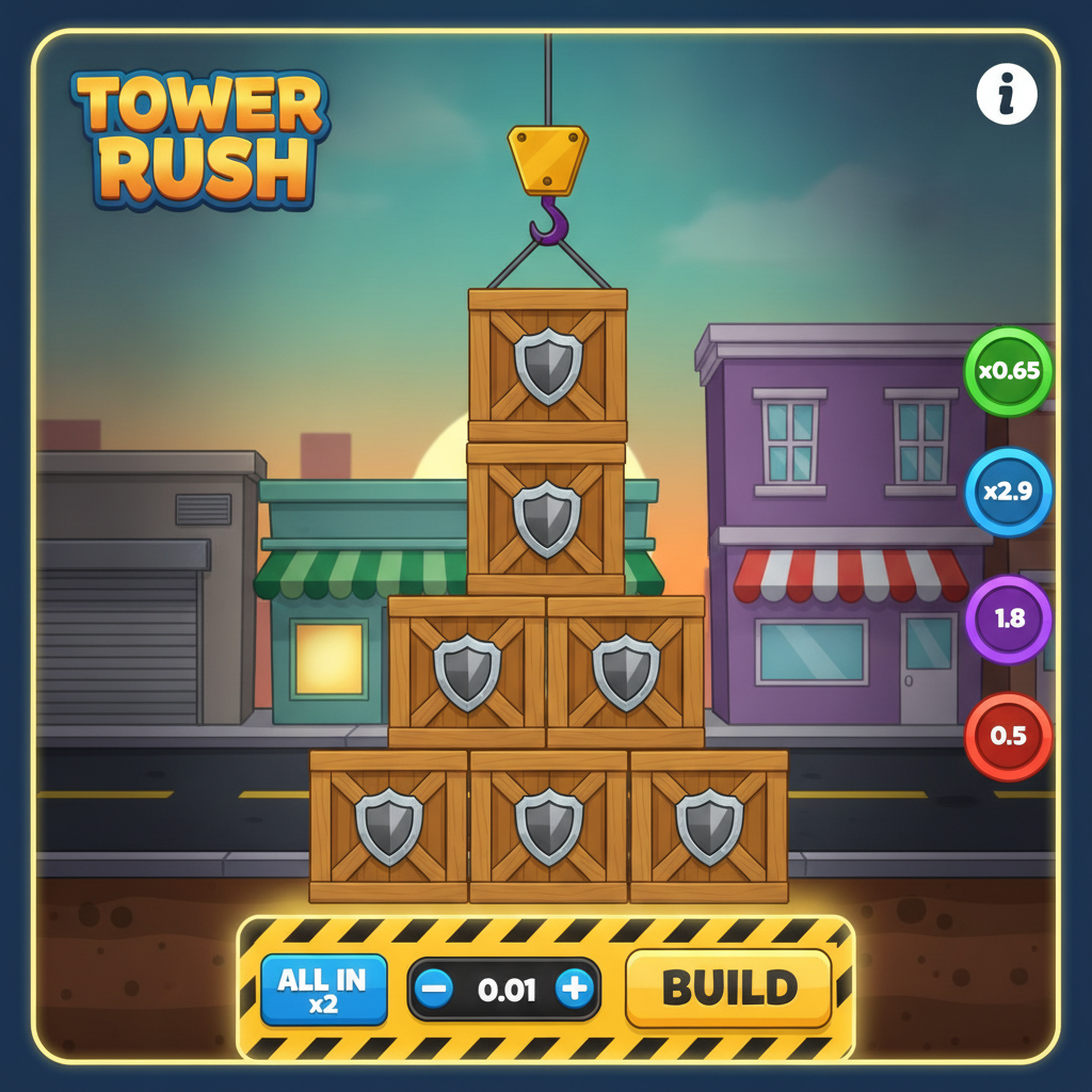 Gameplay Tower Rush étape par étape — grue de chantier posant une caisse sur la tour, affichage en temps réel du multiplicateur courant et du bouton BUILD actif