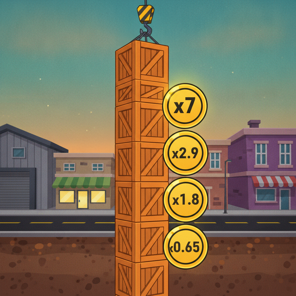 Capture des badges circulaires de multiplicateurs dans Tower Rush — badges dorés affichant ×0,65 ×1,8 ×2,9 et ×7 sur fond de tour en construction