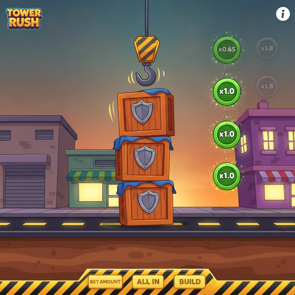 Triple Build Tower Rush — trois étages posés automatiquement en succession rapide avec multiplicateur minimum garanti ×1 par étage